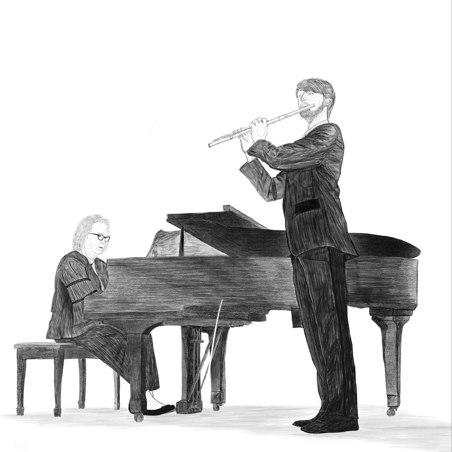 Hand-drawn illustration of Jonathan performing with pianist
